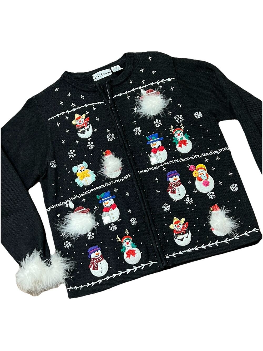 Vtg Christmas BP Design Black Zip Snowman Snowflake Fur Sweater Cardigan L